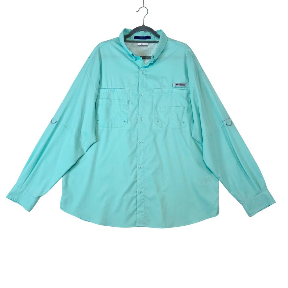 Columbia PFG Tamiami Fishing Shirt Mens XXL‎ Teal Long Sleeve Vented Omni Shade